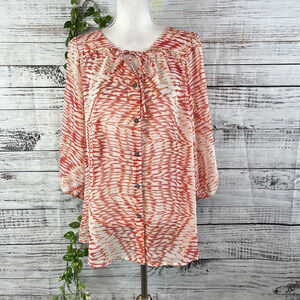 Nine West Blouse size Extra Large Orange Pink Sheer Ruffle Button Front Peasant